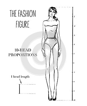 Fashion figure sketch. 10-head figure proportions. Black and white sketch. Fashion illustration photo