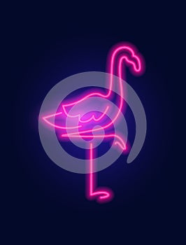 Fashion flamingo, neon sign. Night bright signboard, Glowing light bird. Summer logo, emblem for Club or bar concept