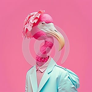 Fashion flamingo in shirt. Magenta pink monochrome portrait. Generative AI