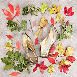 Fashion flat lay. Autumn leaves and golden shoes. Background