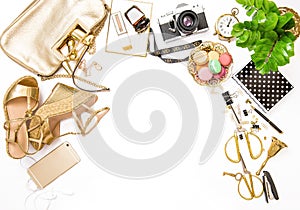 Fashion flat lay bloggers social media. Feminine accessories bag