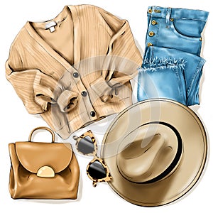 Fashion flat lay with jeans, sweater, bag, hat and sunglasses. Stylish outfit. Fashion female clothes.