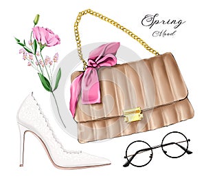 Fashion flat lay set with bag, female shoe, eyeglasses and flower. Fashion illustration.