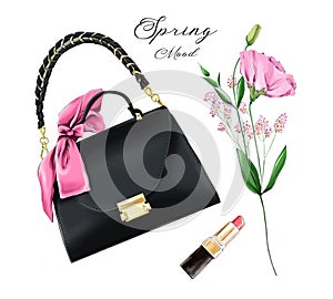 Fashion flat lay set with bag, lipstick and flower. Fashion illustration.