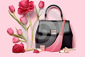 Fashion flat lay set with bag, lipstick and flower. Fashion illustration