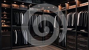 Fashion-forward closet design featuring dark grey walls, black shelving and display of garments