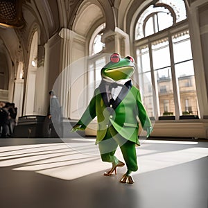 A fashion-forward frog in trendy attire, strutting down a catwalk at a fashion show1