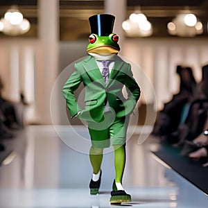 A fashion-forward frog in trendy attire, strutting down a catwalk at a fashion show2