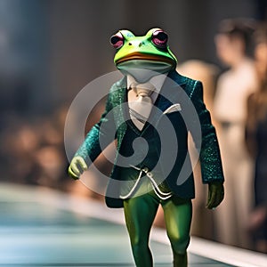 A fashion-forward frog in trendy attire, strutting down a catwalk at a fashion show5