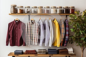 Fashion forward men s clothing and accessories tastefully arranged on a chic white wooden backdrop