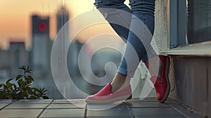 A Fashion-Forward Woman\'s Legs, Adorned in Ruby Red Flats, Strike a Pose Against a Wall. Modern city leisure lifestyle