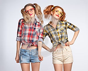 Fashion Funny girl Jump Crazy Having Fun. Nerd