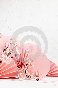 Fashion gentle floral spring background - branch pink sakura flowers, circles, paper fans in white interior stage for presentation