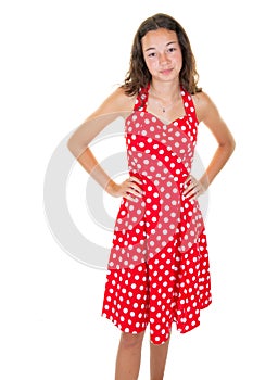 Fashion girl 12 years old in red white dress sixties