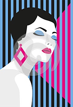 Fashion girl. Bold, minimal style. Pop Art. OpArt, positive negative space and colour. Trendy strips.Vector illustration photo