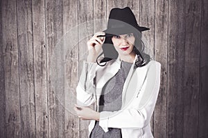 Fashion Girl in grey Dress and hat