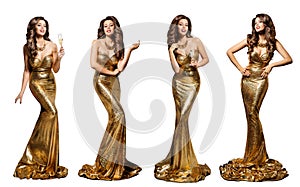 Fashion Girl Model Group in evening golden Dress. Set of beautiful Women in long Dress, Full Length, isolated White Background