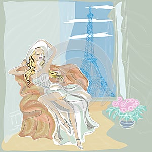 Fashion girl in Paris hotel near Eiffel Towe