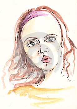 fashion girl portrait with watercolor painting.