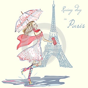 Fashion girl rainy day in Paris