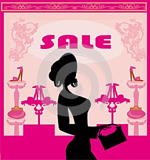 Fashion girl shopping in shoe shop , abstract card