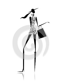 Fashion girl silhouette with shopping bag