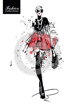 Fashion girl in sketch-style. Retro poster.