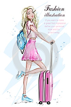 Fashion girl with suitcase. Stylish blonde hair woman in fashion clothes. Sketch. Travel set.