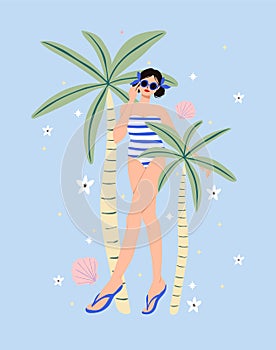 Fashion girl with swimsuit and palm trees. Holiday or vacation summer