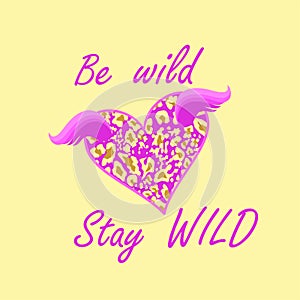 Fashion girl t-shirt print with lilac flying heart shape with leopard print, wings and be wild and stay wild lettering on sand-col