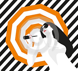 Fashion girl with an umbrella. Bold, minimal style. Pop Art. OpArt, positive negative space and colour. Trendy strips photo