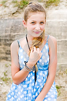 Fashion girl urbex location blue polka dress