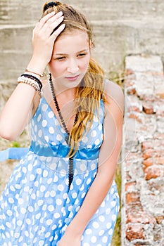 Fashion girl urbex location blue polka dress