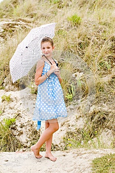 Fashion girl urbex location blue polka dress