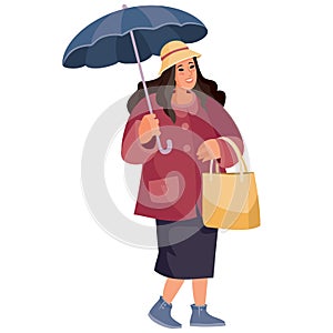 Fashion girl walking with umbrella isolated on white background