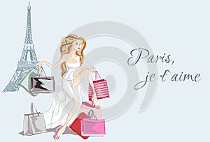 Fashion girl in white dress sitting near Eiffel Tower and happy with her Paris shopping