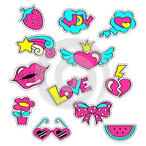 Fashion girlish patch badges with hearts, lips, strawberry, watermelon, sunglasses, star, bow, flower. Stickers in cartoon 80s-90s