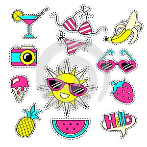 Fashion girlish patch badges with strawberry, watermelon, sunglasses, ice cream, camera, sun, banana, swimsuit, pineapple, cocktai