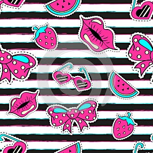 Fashion girlish seamless pattern with hearts, lips, strawberry, watermelon, sunglasses, bow. Striped background in cartoon 80s-90s