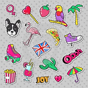 Fashion Girls Badges, Patches, Stickers with Flamingo Bird, Pizza Parrot and Heart