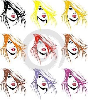 Fashion girls face and hair in different colors