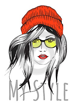 Fashion girls face. Woman face. Hand-drawn fashion model. Girl face in a fashionable hat on a black background