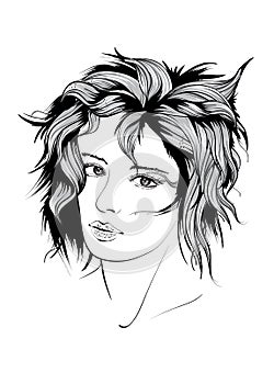 Fashion girls face. Woman face. Hand-drawn fashion model. Girl face on a white background. Hair style