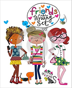 fashion girls friends withing set print vector