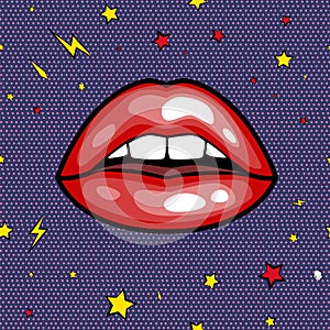 Fashion girls lips with red lipstick in cartoon pop art style patch badges, cool retro collection sticker vector