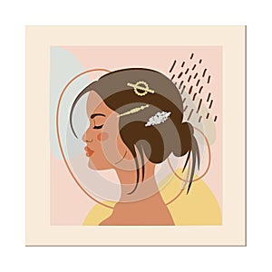 Fashion girls profile with trendy hairstyle. Woman with hairpins and hair clips on color background. Vector illustration for print