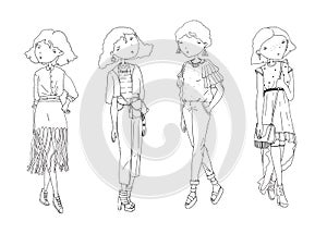 Fashion girls set. Hand drawn creative illustration with lovely black and white girls in casual clothes with bags, shoes. I