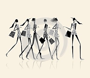 Moda las chicas compras bolsas ilustraciones 