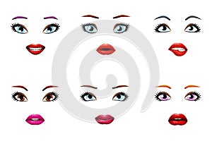 Fashion girls stylish woman lips slightly open mouth female eyes isolated set design vector illustration