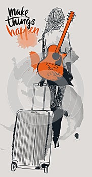Fashion girls with suitcases and guitar